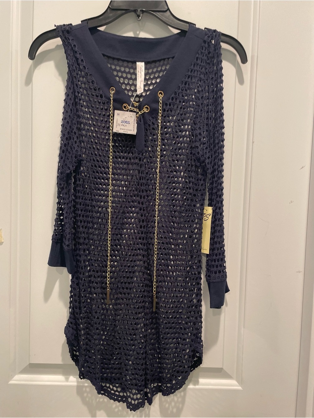PerSeption Concept Navy Open-Weave Lace-Up Tunic Dress with Gold Chains